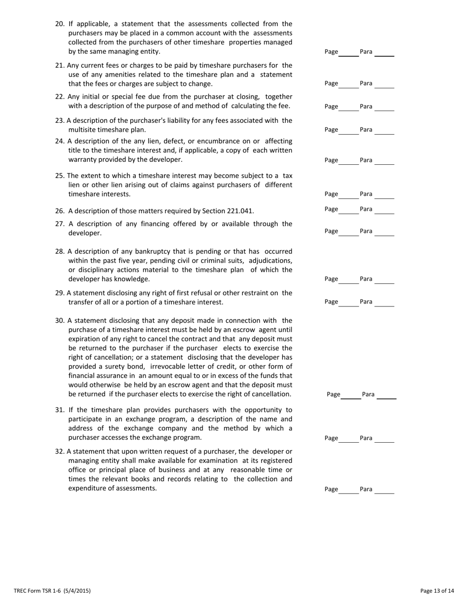 TREC Form TSR1-6 Application to Register a Timeshare Plan - Texas, Page 13