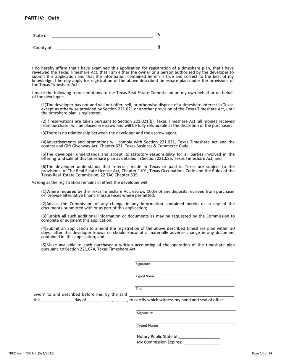 TREC Form TSR1-6 Application to Register a Timeshare Plan - Texas, Page 14