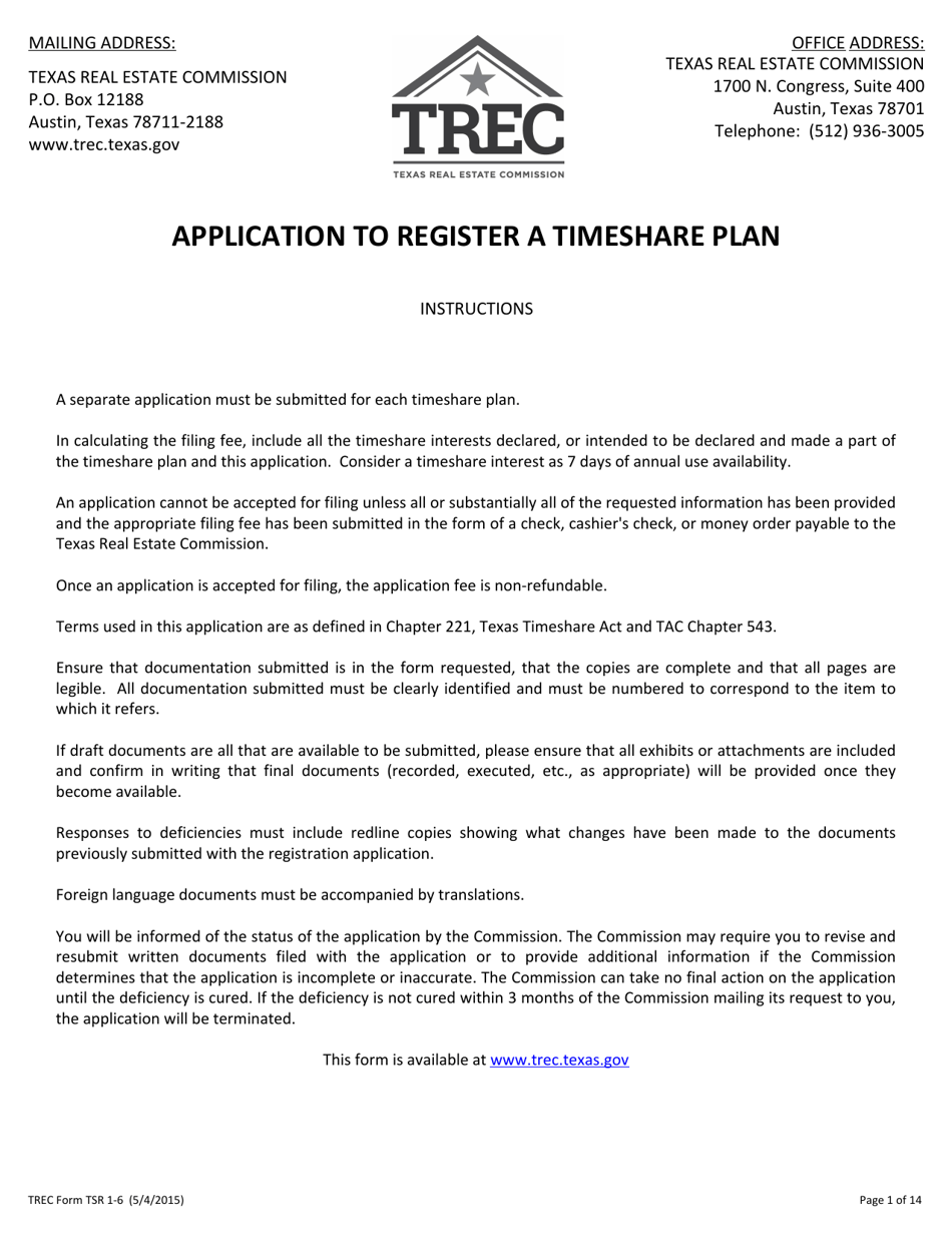 TREC Form TSR1-6 Application to Register a Timeshare Plan - Texas, Page 1