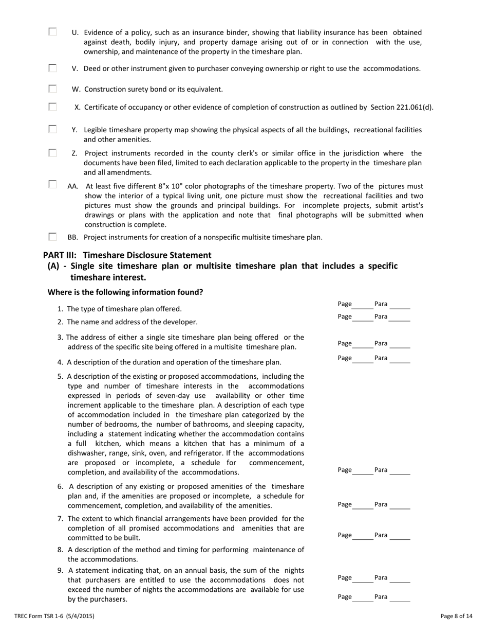 TREC Form TSR1-6 Application to Register a Timeshare Plan - Texas, Page 8