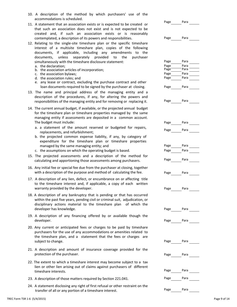 TREC Form TSR1-6 Application to Register a Timeshare Plan - Texas, Page 9