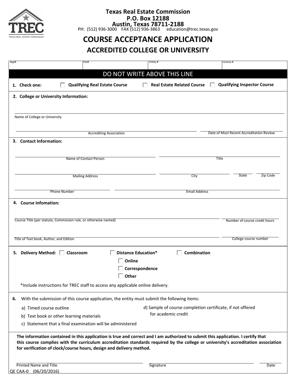Form QE CAA-0 Course Acceptance Application (Accredited College or University) - Texas, Page 1