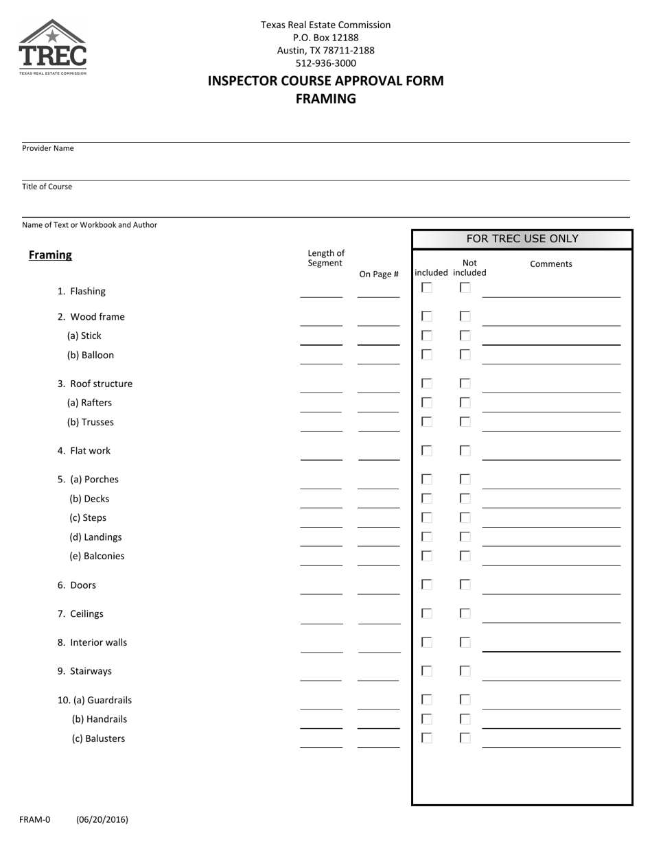 Form FRAM-0 Inspector Course Approval Form (Framing) - Texas, Page 1