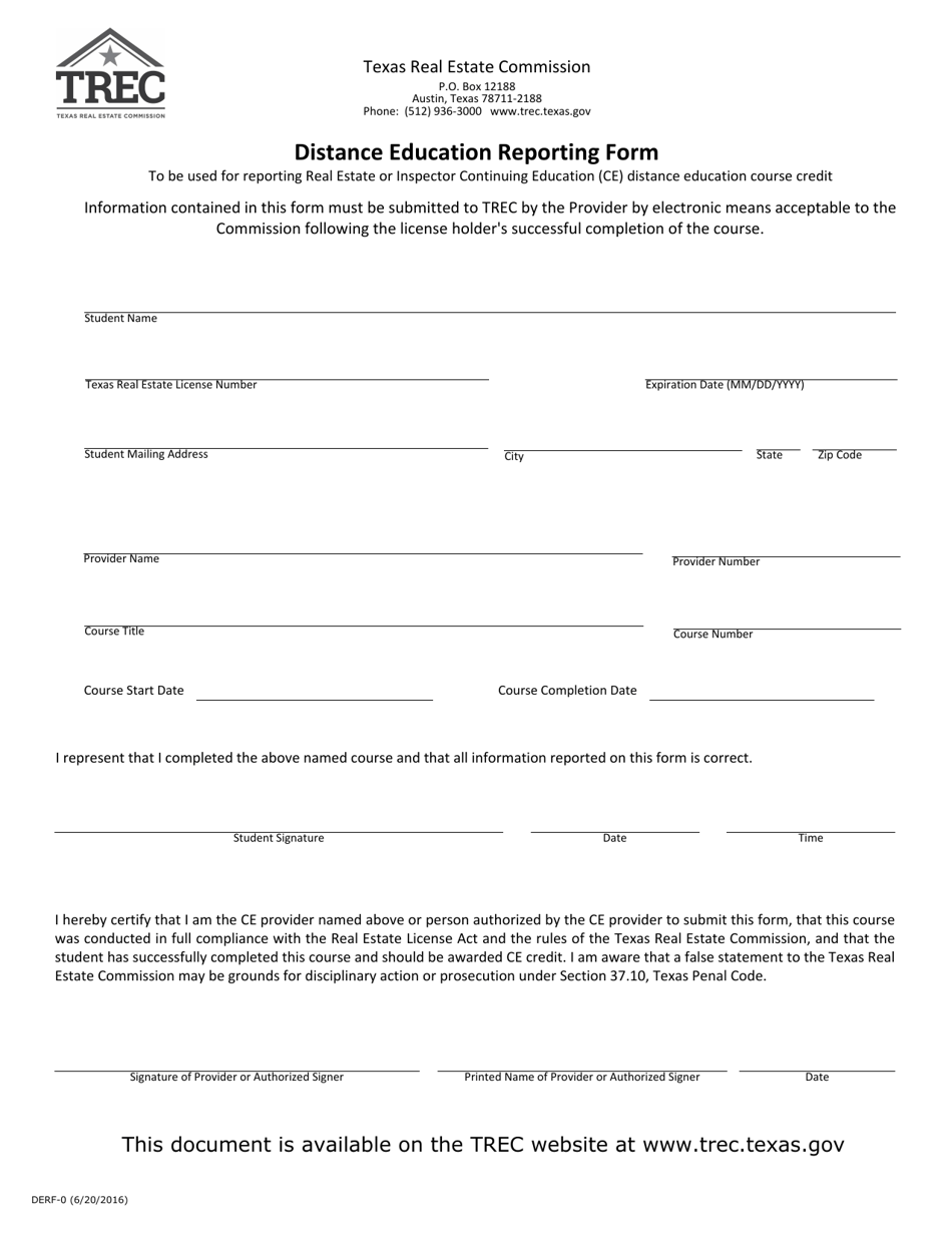 Form DERF-0 Distance Education Reporting Form - Texas, Page 1