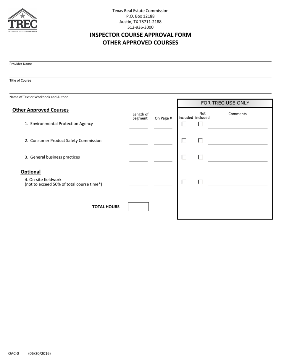 Form OAC-0 Inspector Course Approval Form (Other Approved Courses) - Texas, Page 1