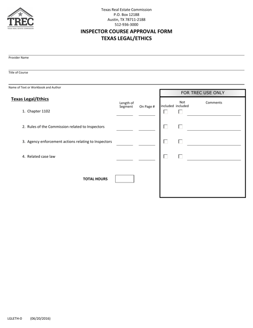 Form LGLETH-0 Inspector Course Approval Form (Texas Legal/Ethics) - Texas