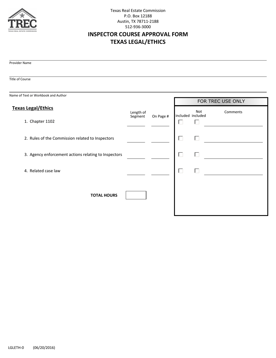 Form LGLETH-0 Inspector Course Approval Form (Texas Legal / Ethics) - Texas, Page 1