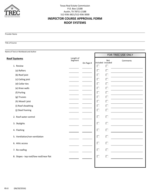 Form RS-0 Inspector Course Approval Form Roof Systems - Texas