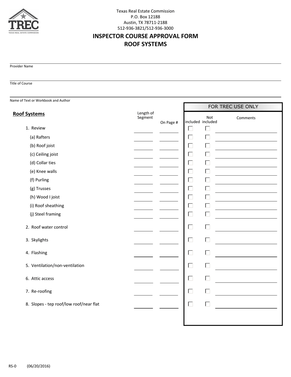 Form RS-0 Inspector Course Approval Form Roof Systems - Texas, Page 1