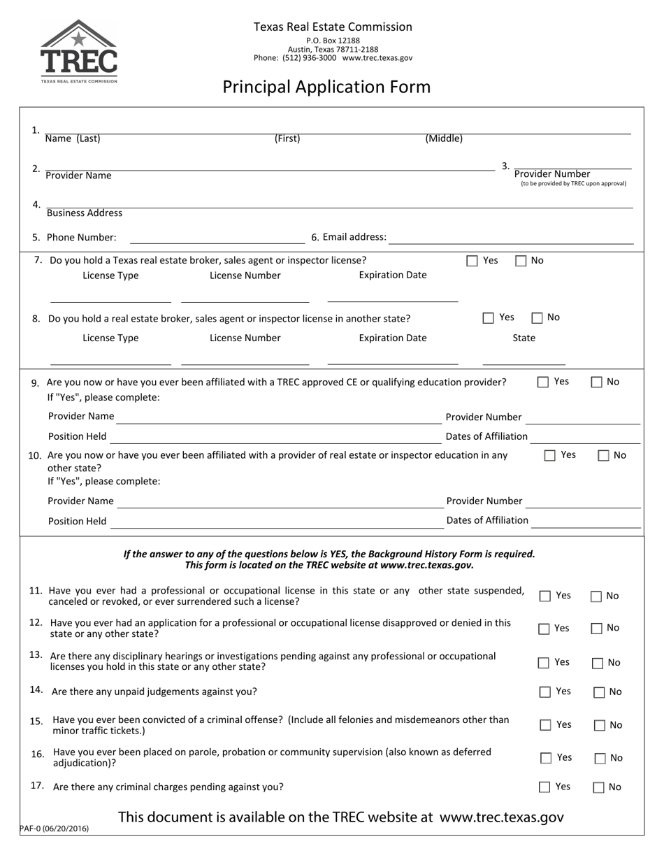Form PAF-0 Principal Application Form - Texas, Page 1