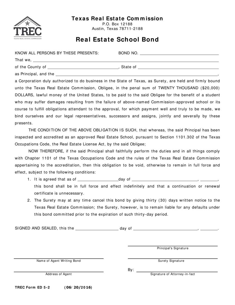 TREC Form ED5-2 Real Estate School Bond - Texas, Page 1
