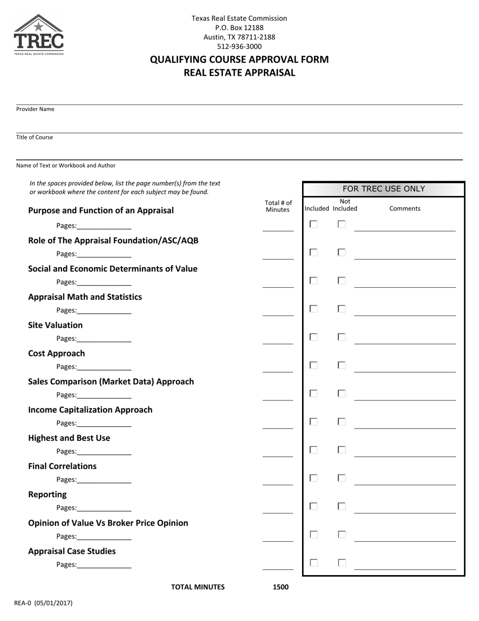 Form REA-0 Qualifying Real Estate Course Approval Form (Real Estate Appraisal - 30 Hour Course) - Texas, Page 1