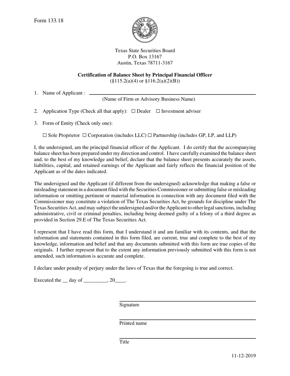 Form 133.18 Certification of Balance Sheet by Principal Financial Officer - Texas, Page 1