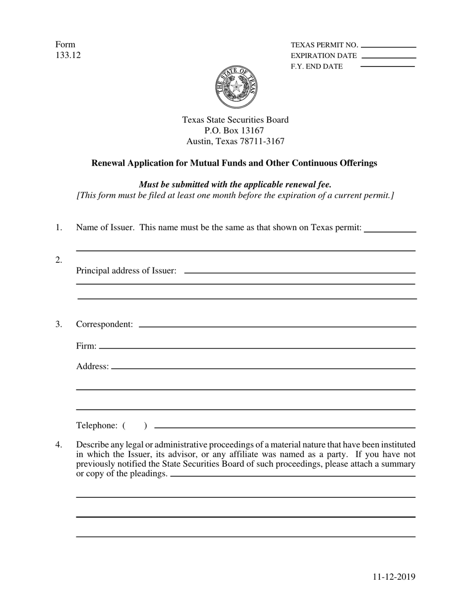 Form 133.12 Renewal Application for Mutual Funds and Other Continuous Offerings - Texas, Page 1