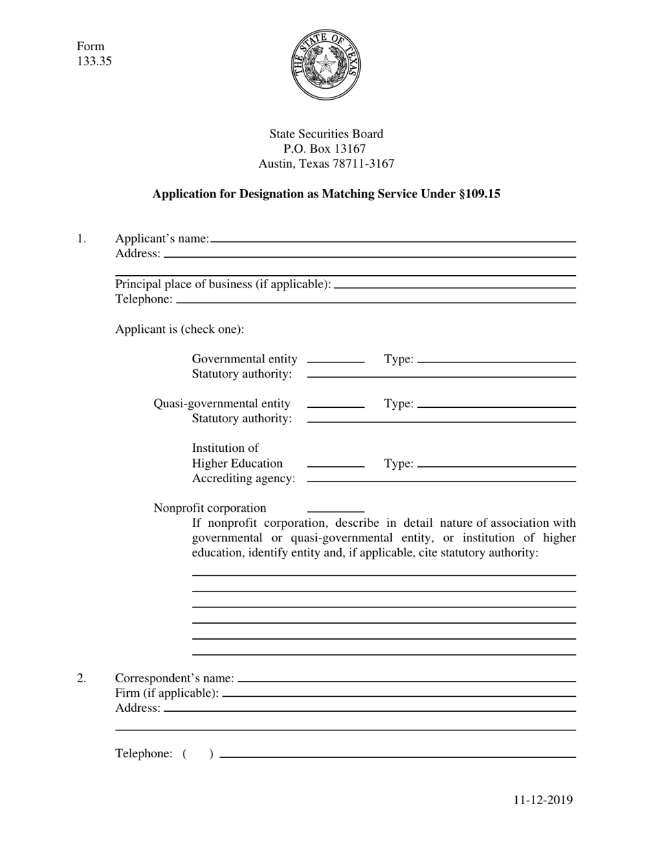 Form 133.35 Application for Designation as Matching Service Under 109.15 - Texas, Page 1