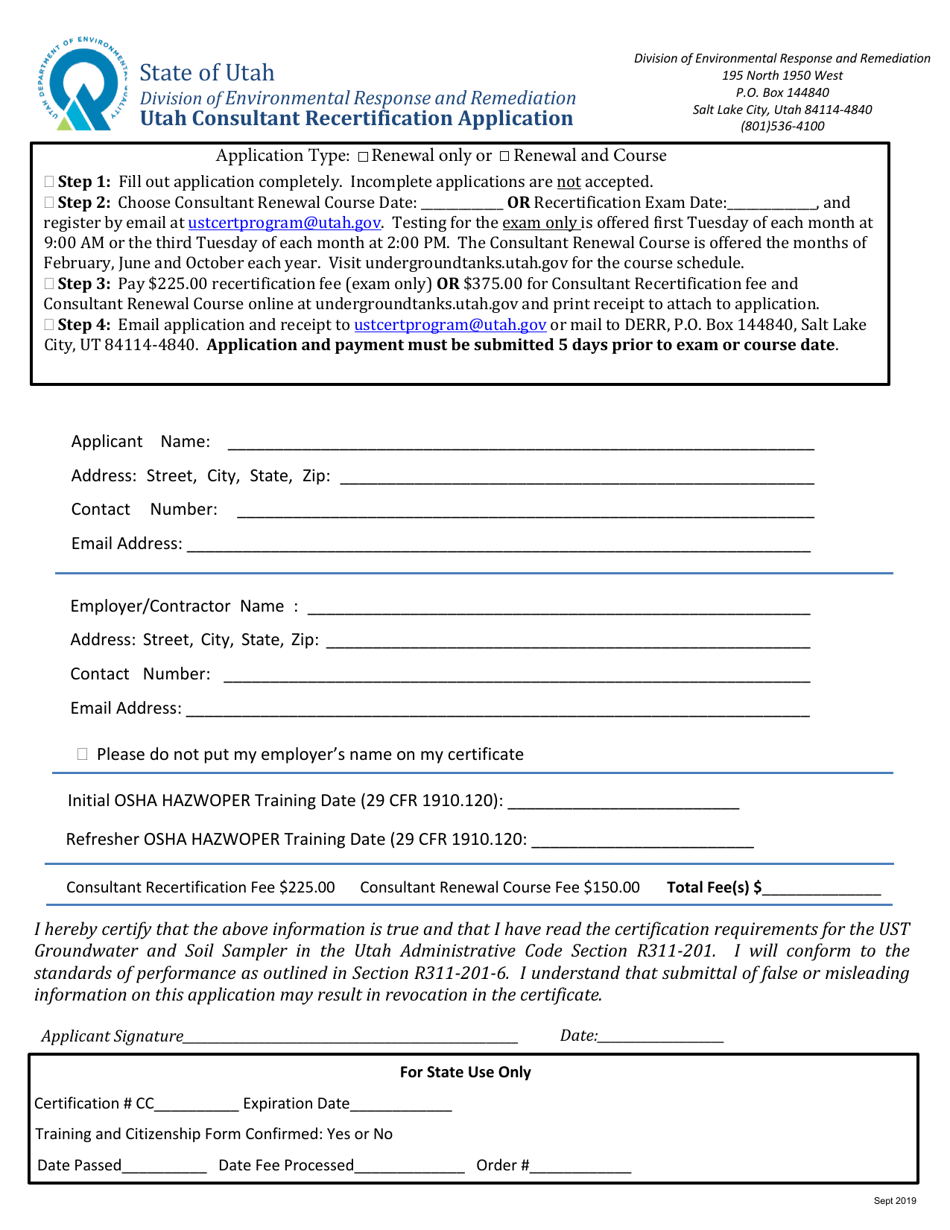 Utah Consultant Recertification Application - Utah, Page 1