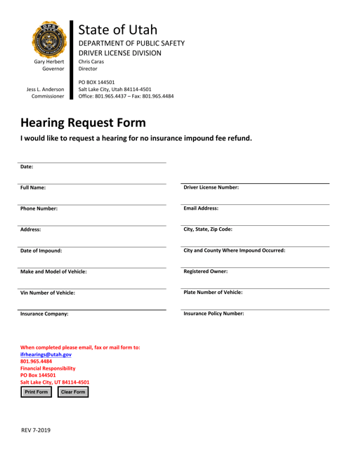 Impound Hearing Request Form - Utah Download Pdf