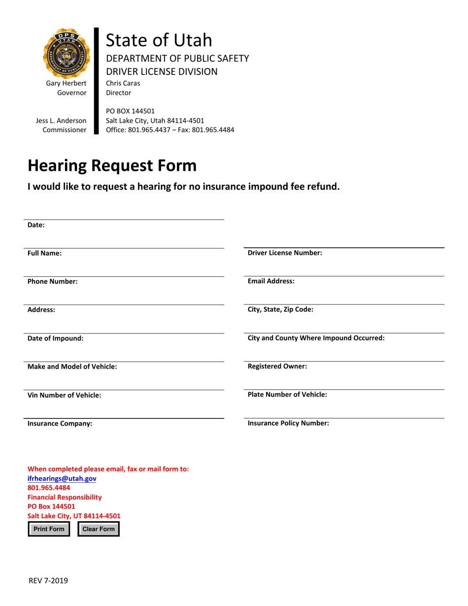 Impound Hearing Request Form - Utah, Page 1