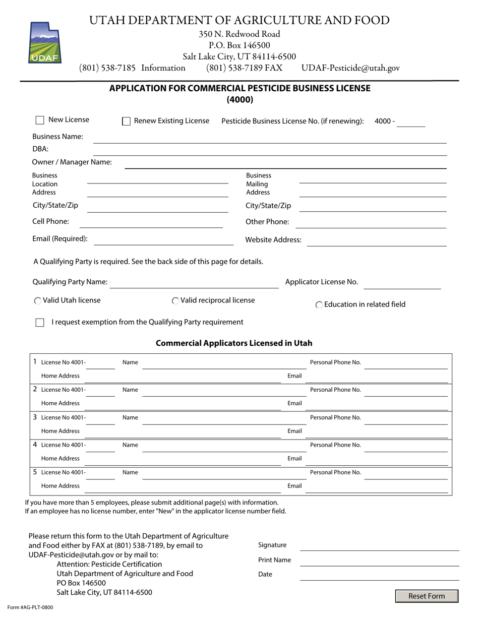 Form AG-PLT-0800 Application for Commercial Pesticide Business License (4000) - Utah, Page 2