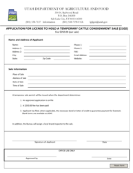 Document preview: Application for License to Hold a Temporary Cattle Consignment Sale (2102) - Utah