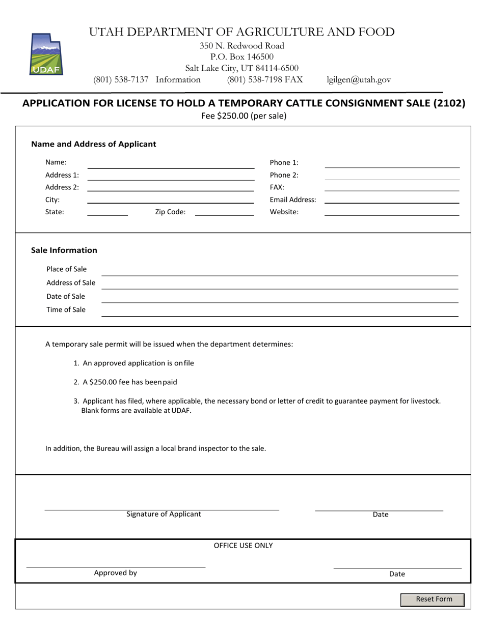 Application for License to Hold a Temporary Cattle Consignment Sale (2102) - Utah, Page 1