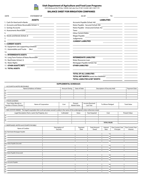 Balance Sheet for Irrigation Companies - Utah