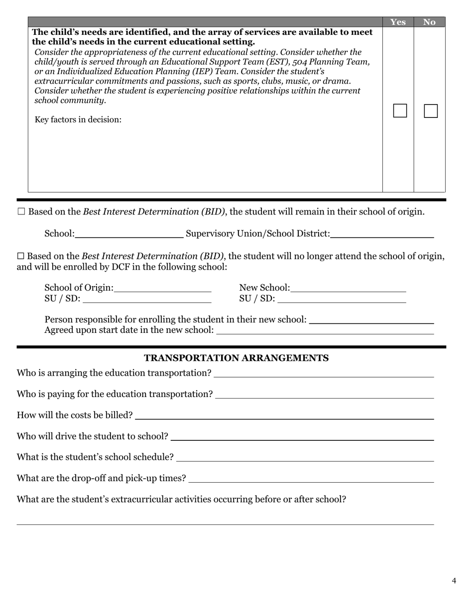 Form FS-72B Educational Best Interest Determination (Bid) Form - Vermont, Page 4