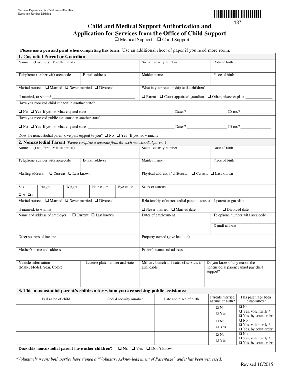 Form 137 Child and Medical Support Authorization and Application for Services From the Office of Child Support - Vermont, Page 1