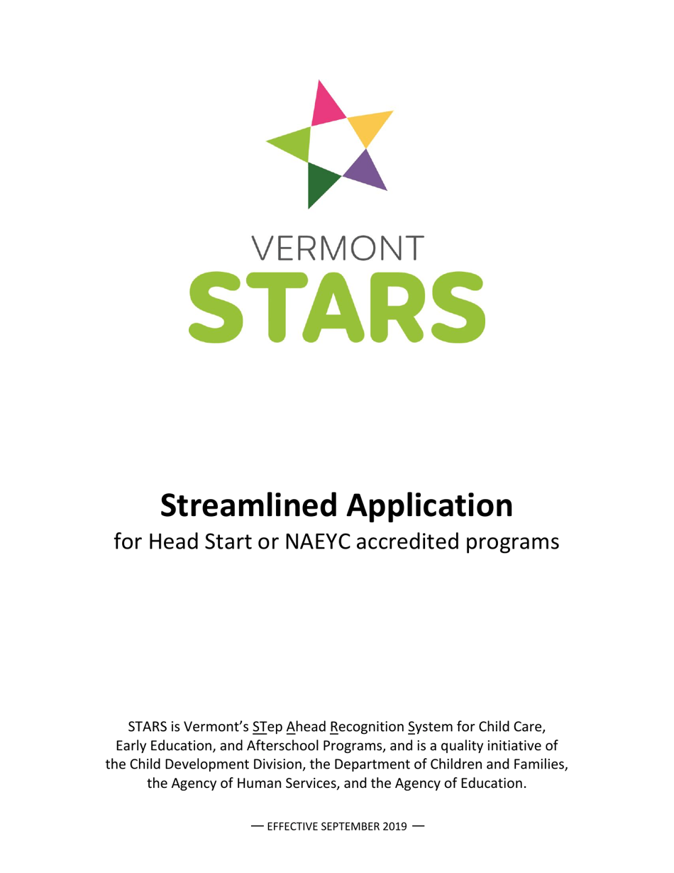 Streamlined Application for Head Start or Naeyc Accredited Programs - Vermont, Page 1