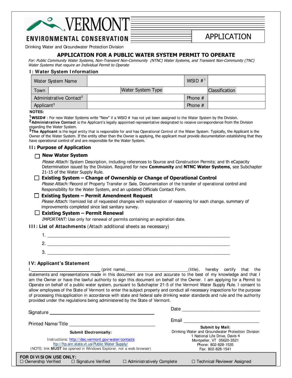 Application for a Public Water System Permit to Operate - Vermont, Page 1