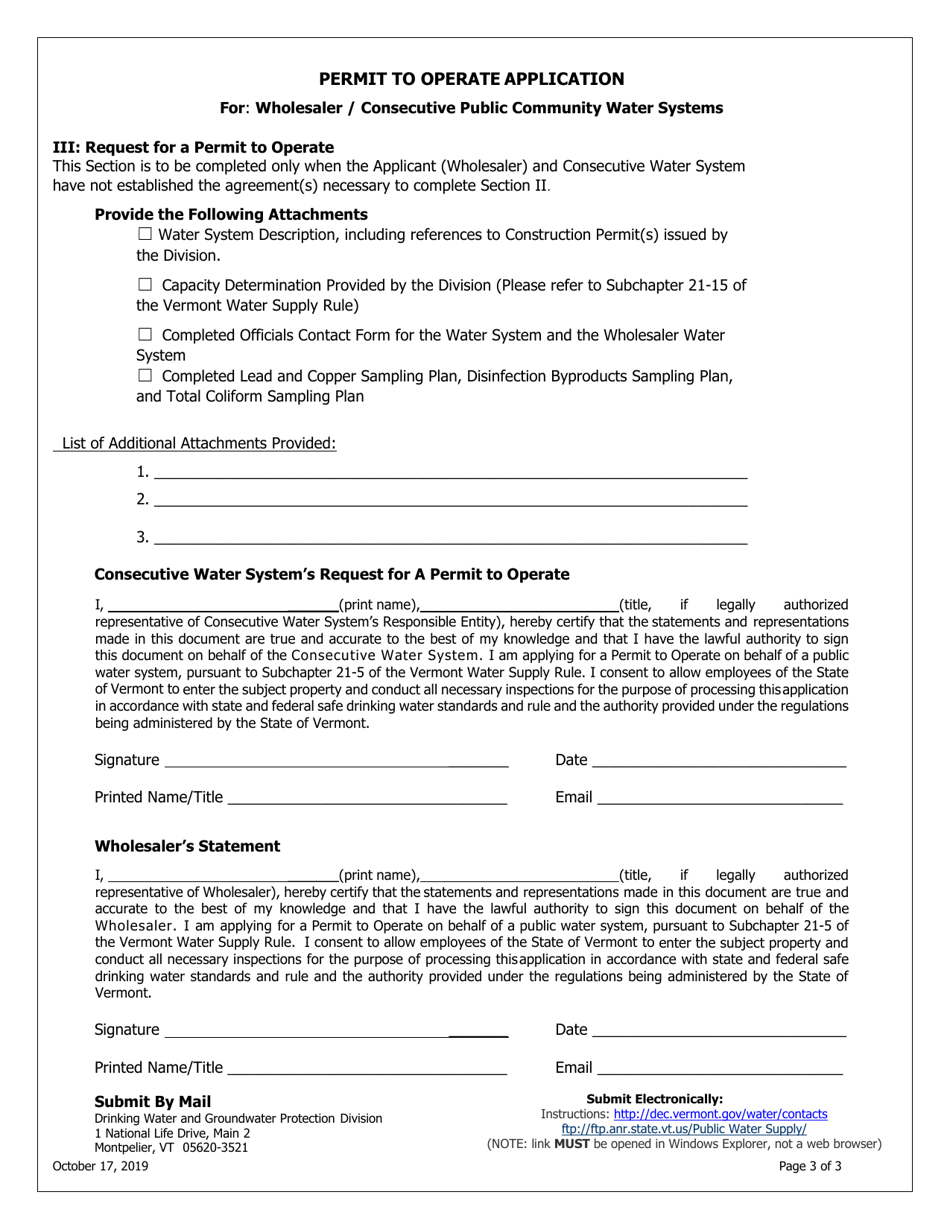 Permit to Operate Application for Wholesaler / Consecutive Public Community Water Systems - Vermont, Page 3