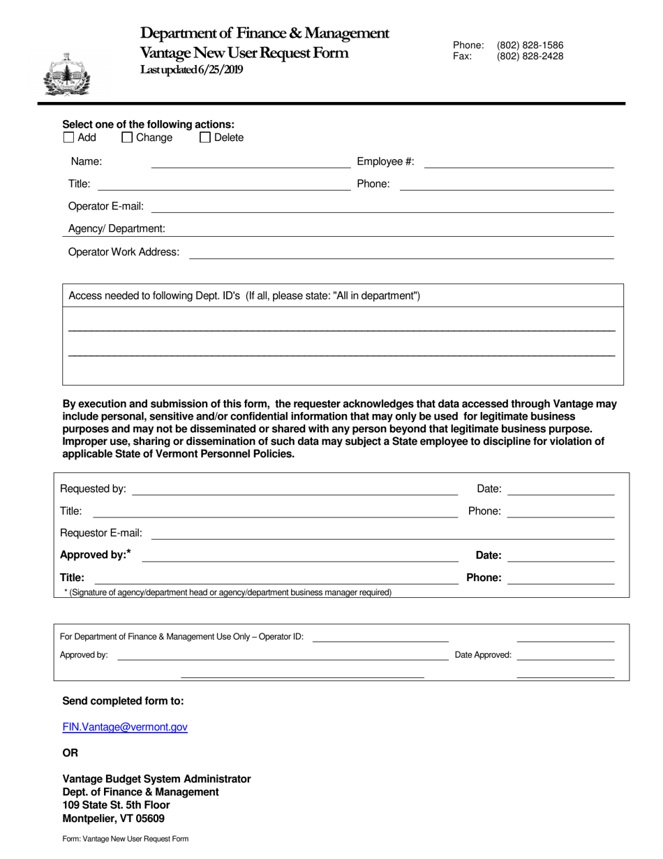 Vantage New User Request Form - Vermont, Page 1