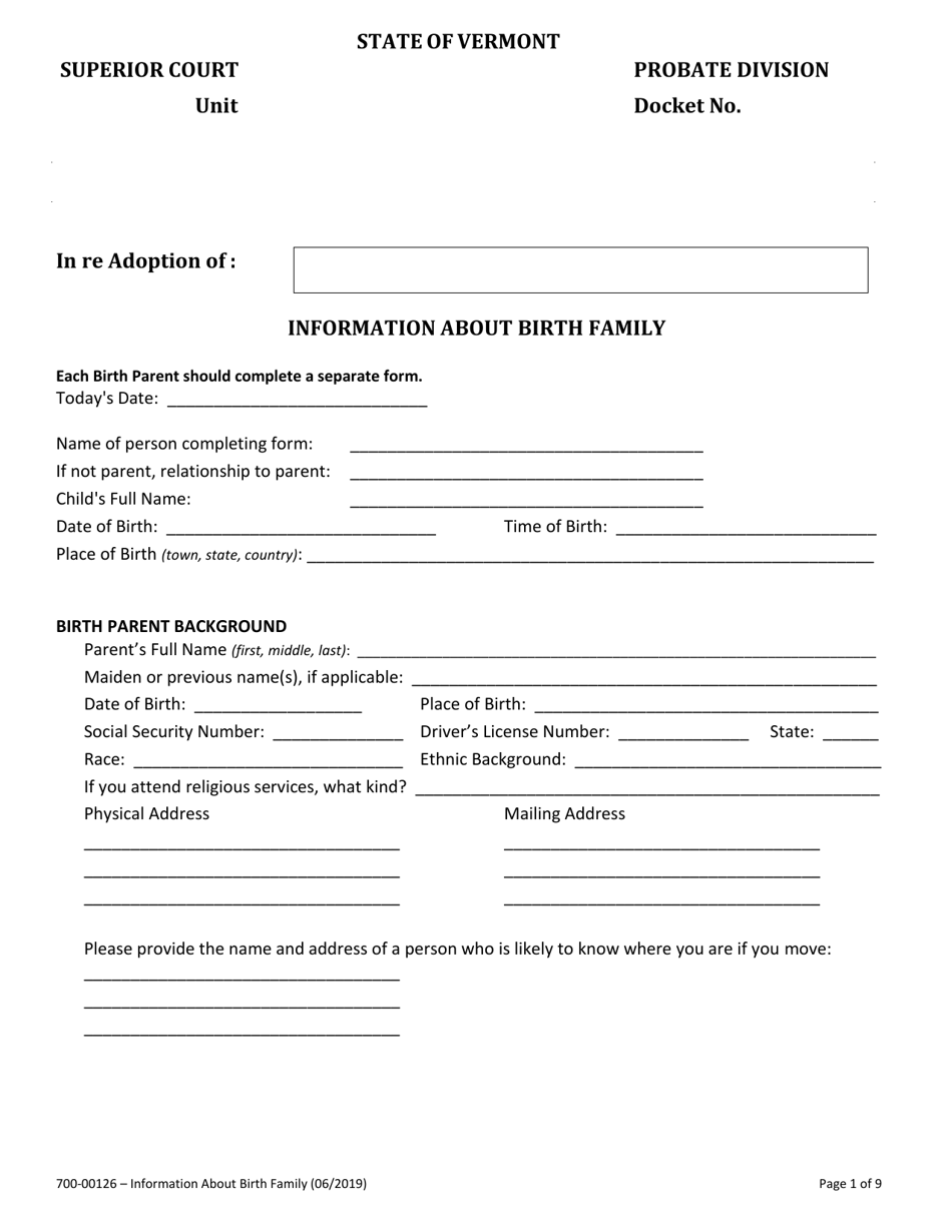 Form 700-00126 Information About Birth Family - Vermont, Page 1