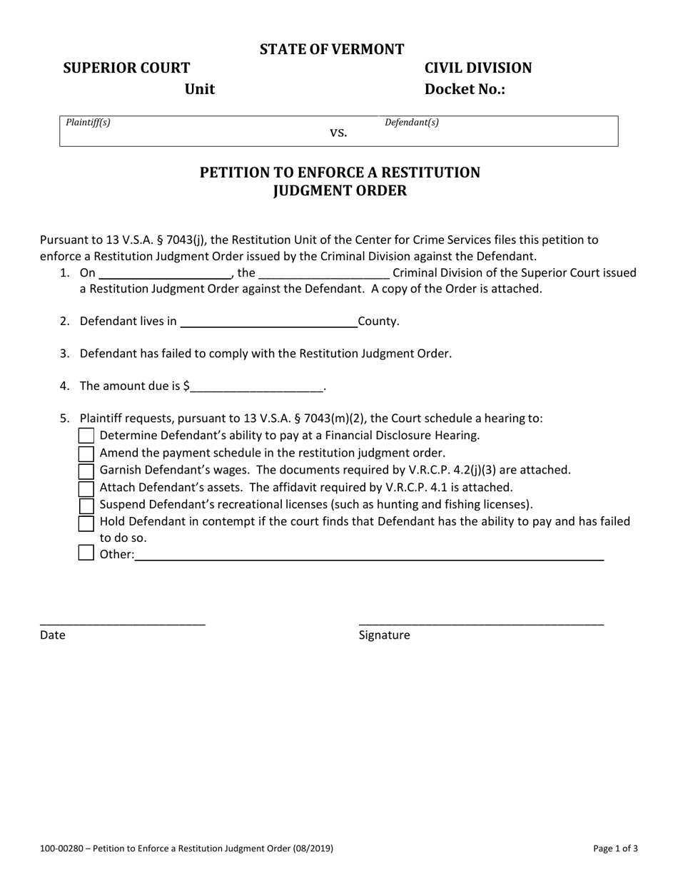 Form 100-00280 Petition to Enforce a Restitution Judgment Order - Vermont, Page 1