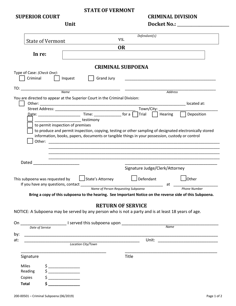 Form 200-00501 Criminal Subpoena - Vermont, Page 1