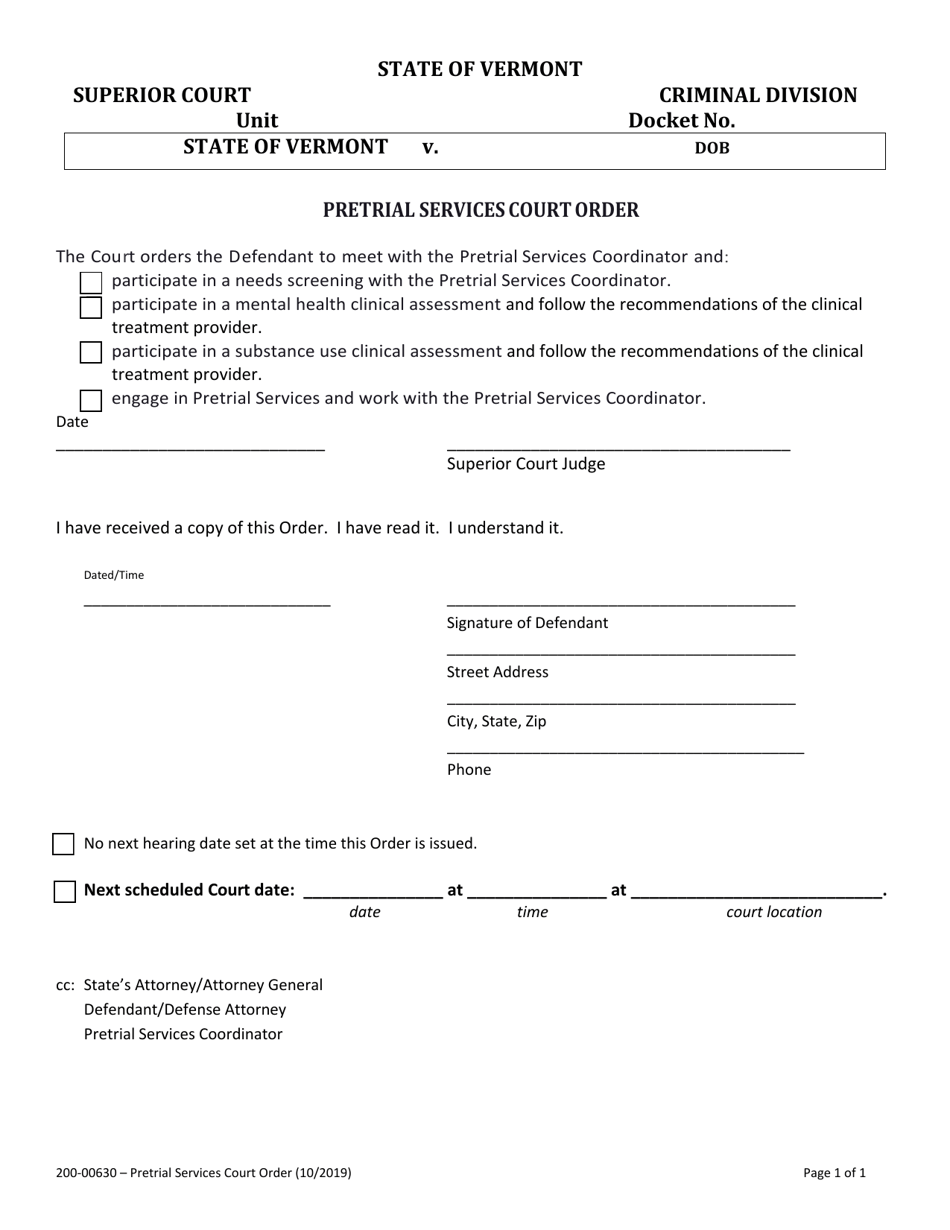 Form 200-00630 Pretrial Services Courtorder - Vermont, Page 1