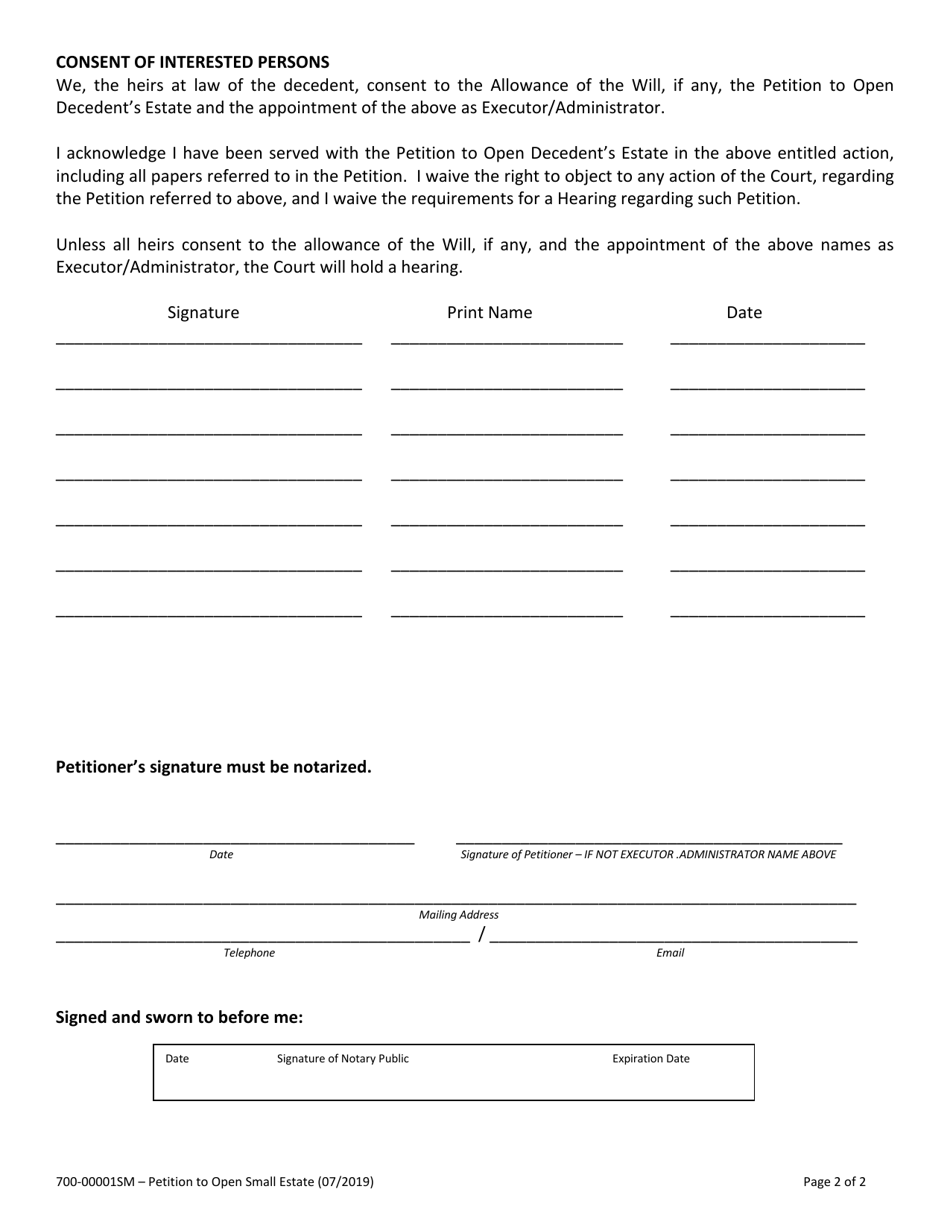 Form 700-00001SM Petition to Open Small Estate - Vermont, Page 2