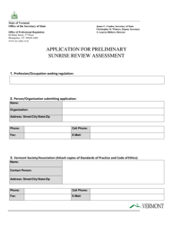 Document preview: Application Fo Preliminary Sunrise Review Assessment - Vermont