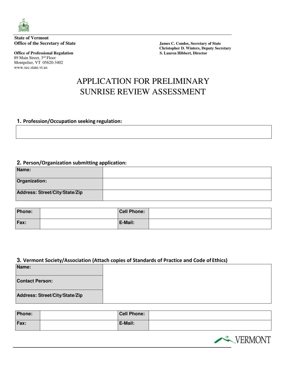 Application Fo Preliminary Sunrise Review Assessment - Vermont, Page 1