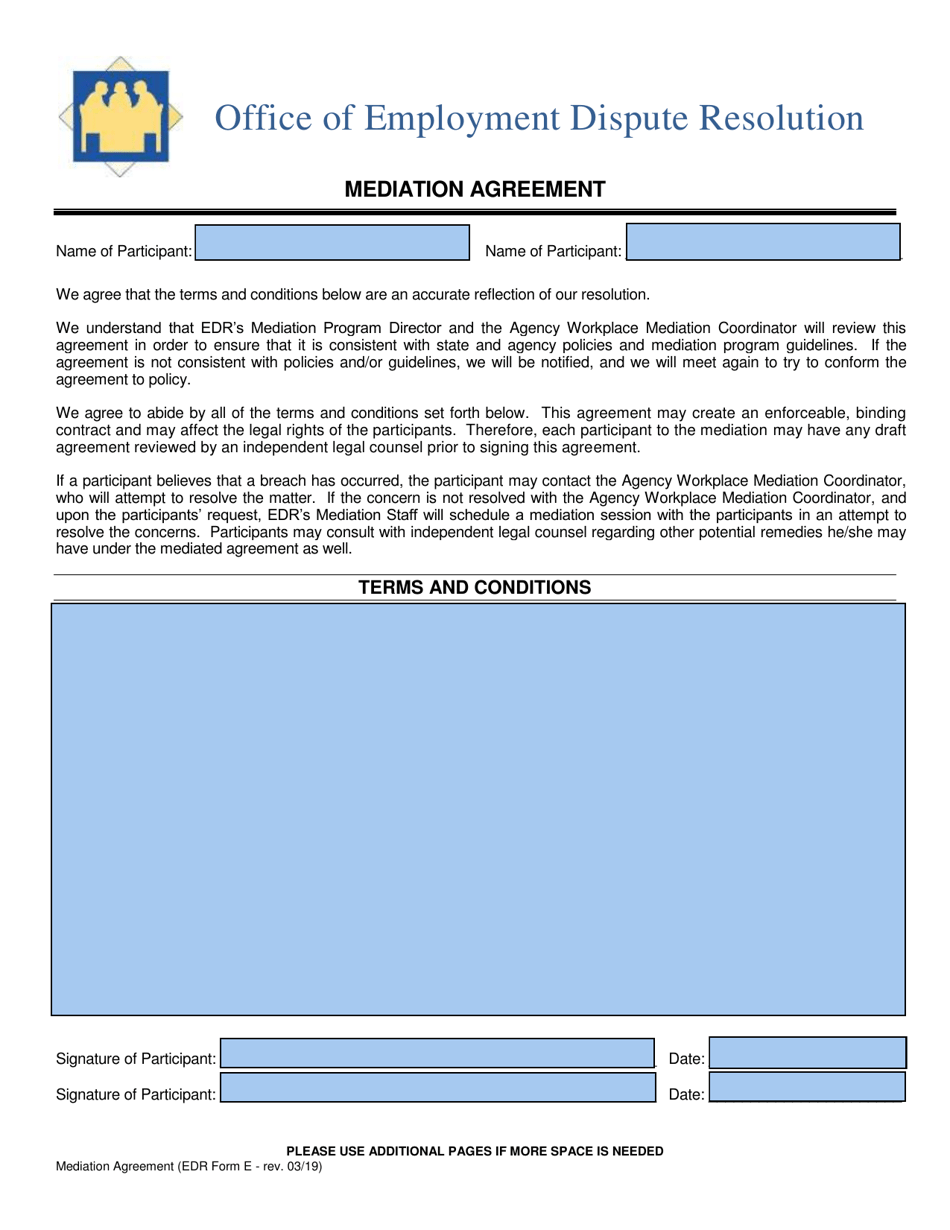 EDR Form E Download Fillable PDF or Fill Online Mediation Regarding workplace mediation agreement template