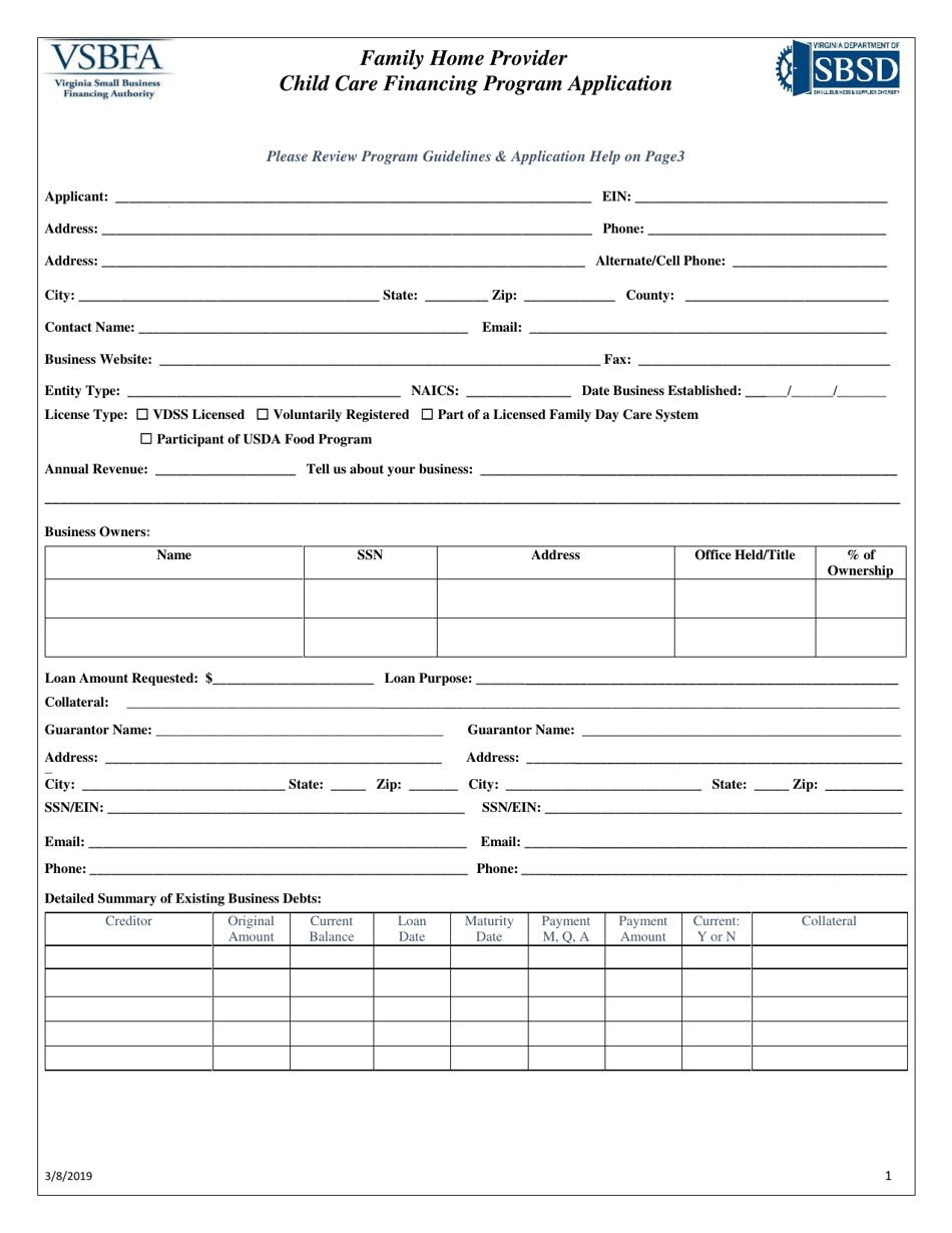 Family Home Provider Child Care Financing Program Application - Virginia, Page 1