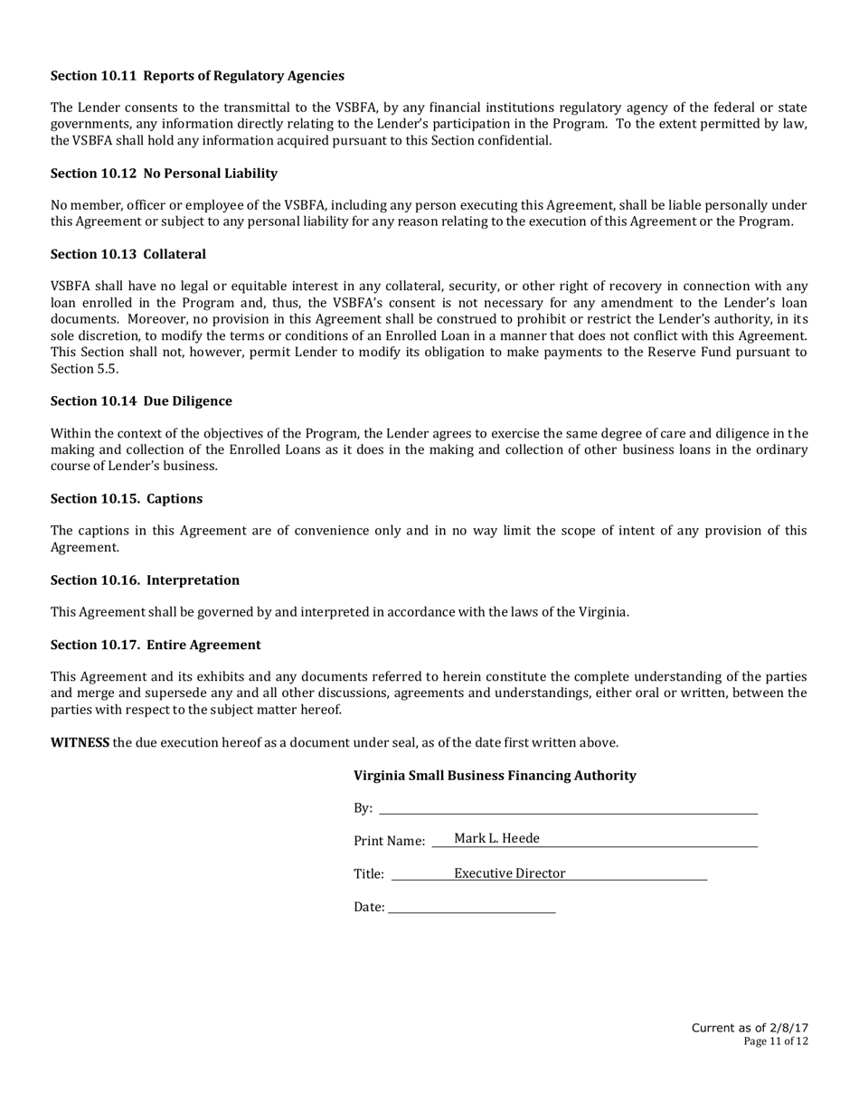Ssbci CAP Lenders Participation Agreement - Virginia, Page 11