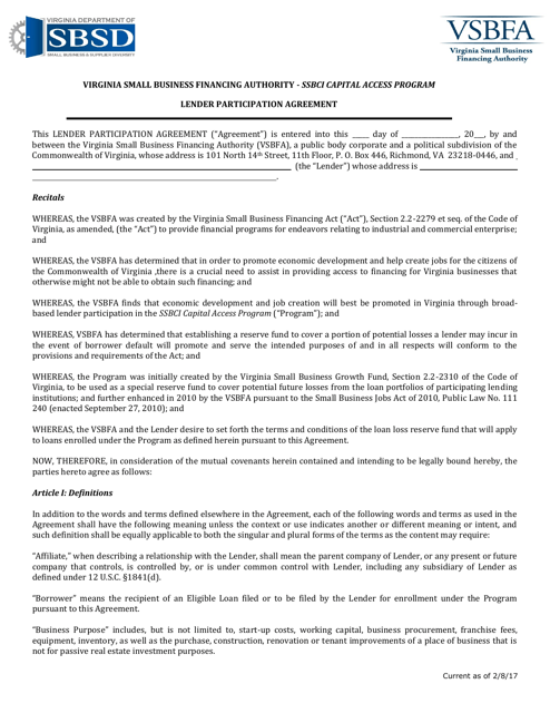 Ssbci CAP Lender's Participation Agreement - Virginia Download Pdf
