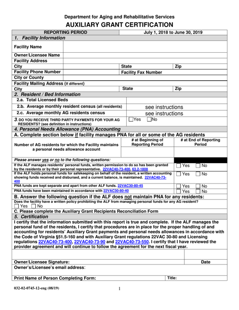 Form 032-02-0745-12-ENG Auxiliary Grant Certification - Virginia