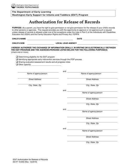 DCYF Form 10-650 Authorization for Release of Records - Washington