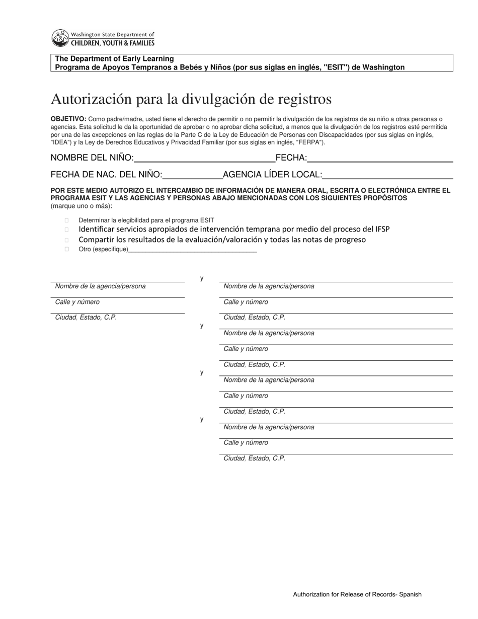 DCYF Formulario 10-650 Autorizacion Para La Divulgacion De Registros - Washington (Spanish), Page 1