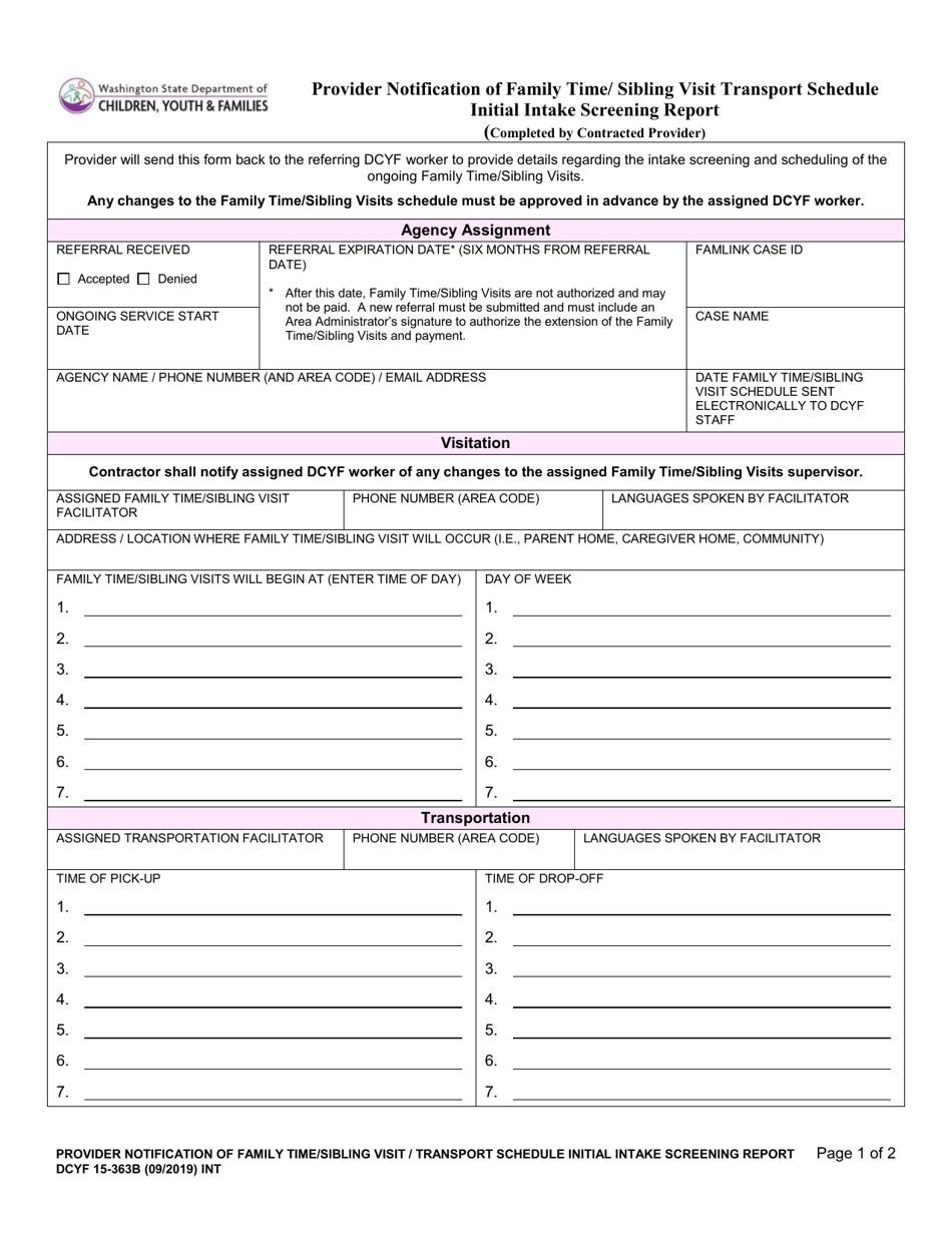 DCYF Form 15-363B Provider Notification of Family Time / Sibling Visit Transport Schedule Initial Intake Screening Report - Washington, Page 1