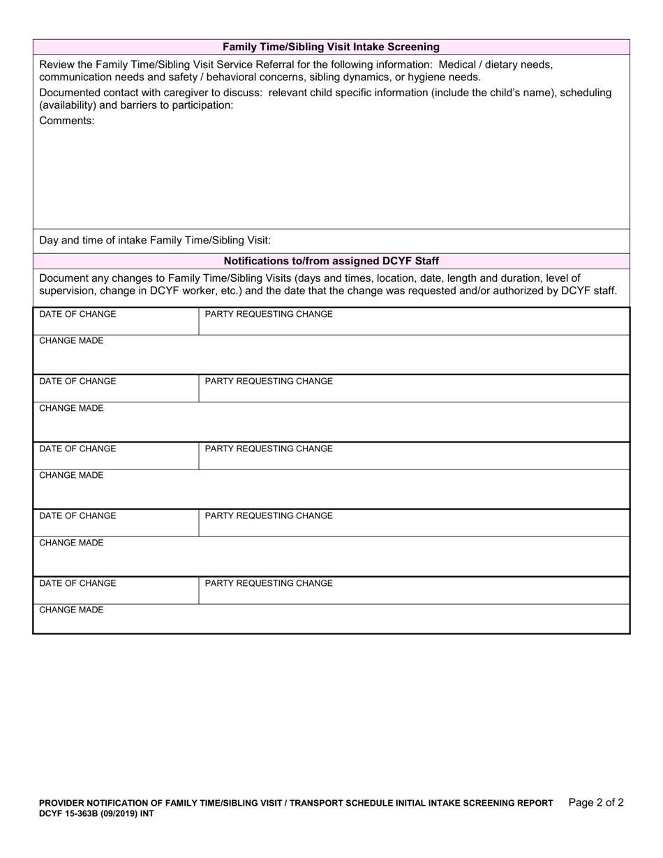 DCYF Form 15-363B Provider Notification of Family Time / Sibling Visit Transport Schedule Initial Intake Screening Report - Washington, Page 2