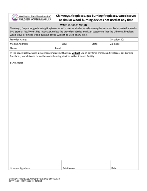 DCYF Form 15-891 Chimney, Fireplace, Woodstove Use Statement - Washington