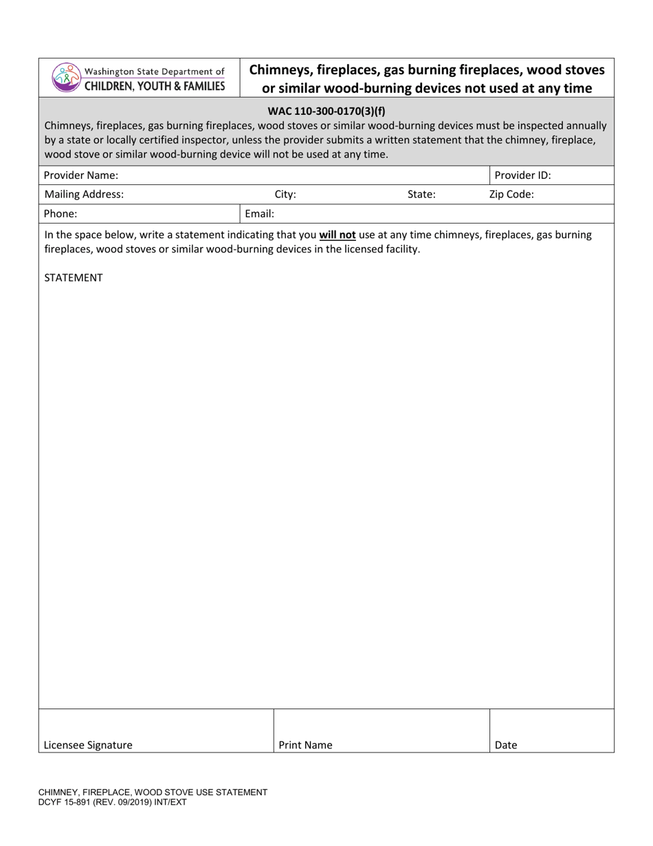 DCYF Form 15-891 Chimney, Fireplace, Woodstove Use Statement - Washington, Page 1